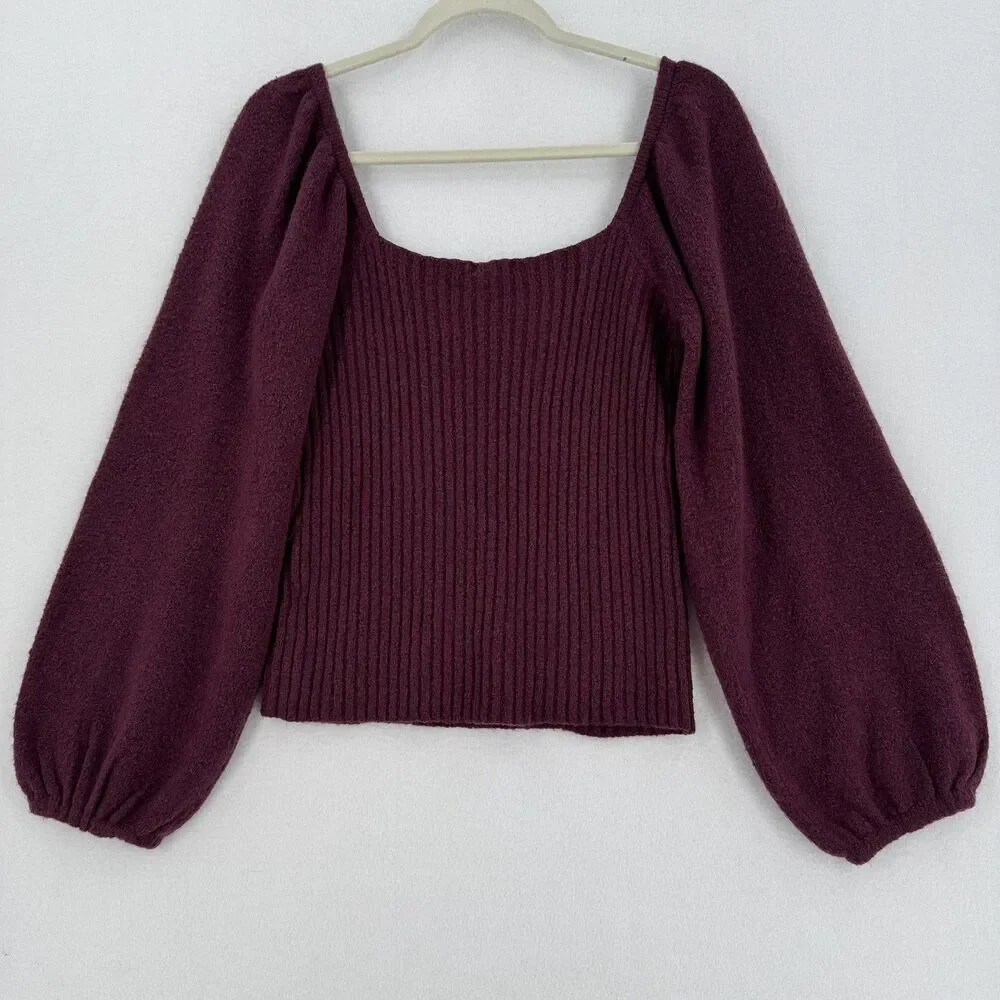 Halogen Sweater Women S Burgundy Square Neck Balloon Sleeve Wool Blend Cropped